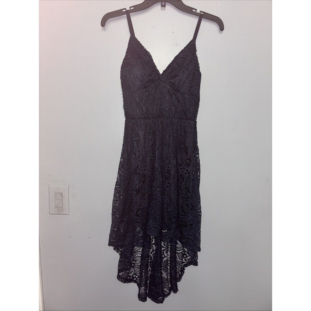 Navy Blue Sleeveless High/low Lace Dress With Spaghetti Straps Built In Bra Sm